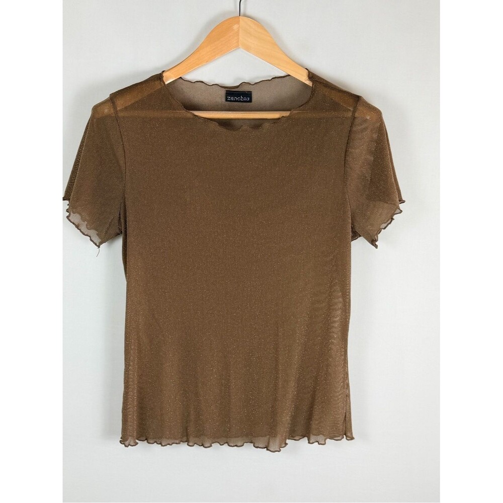 Zenobia Sheer Mesh Top Brown Shimmer Lettuce Edge Y2K Grunge Medium